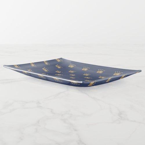 Navy Blue and Gold Crown design Trinket Tray