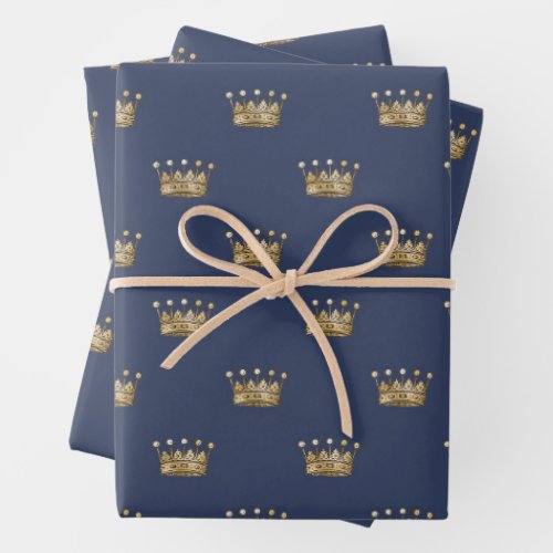 Navy Blue and Gold Crown design Wrapping Paper Sheets