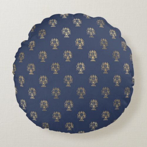 Navy Blue and Gold Cup design Round Pillow