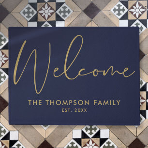 Navy Blue And Gold Custom Family Name Welcome Doormat