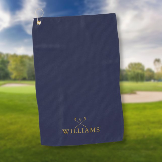 Navy Blue And Gold Custom Name Golf Clubs Golf Towel (Creator Uploaded)