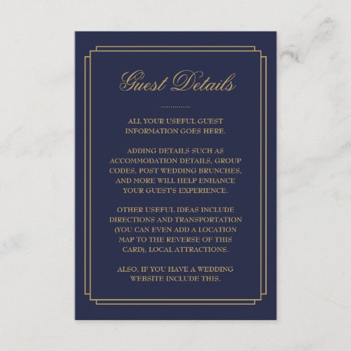 Navy Blue And Gold Deco Wedding Guest Details Enclosure Card