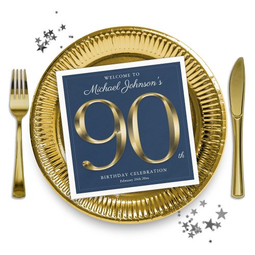 Navy Blue and Gold Elegant 90th Birthday  Napkins