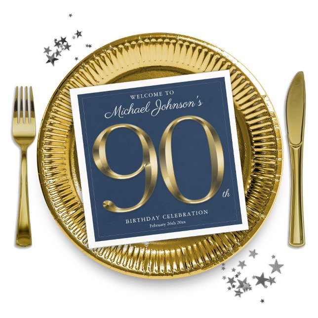 Navy Blue and Gold Elegant 90th Birthday  Napkins (Navy Blue and Gold Elegant 90th Birthday Napkins)