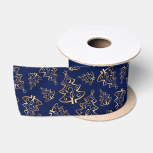 Navy Blue and Gold Elegant Christmas Trees Satin Ribbon