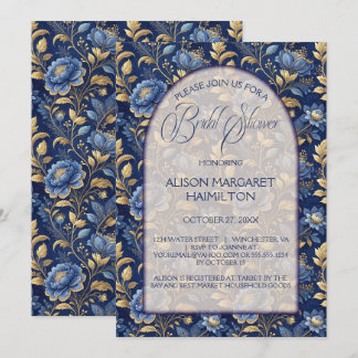 Navy Blue and Gold Elegant Floral Bridal Shower | Invitation
