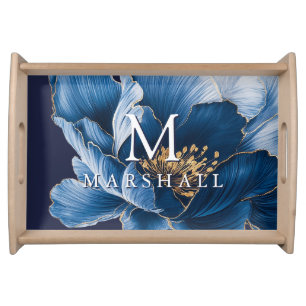 Navy Blue And Gold Elegant Floral Monogram Name Serving Tray