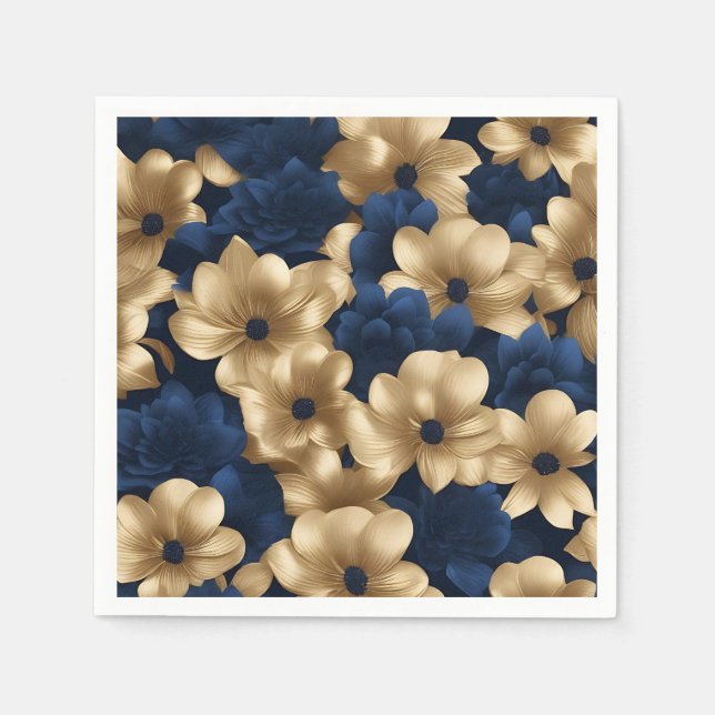 Navy Blue And Gold Elegant Floral Napkins (Front)