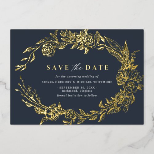 Navy Blue and Gold  Elegant Floral Save the Date Foil Invitation