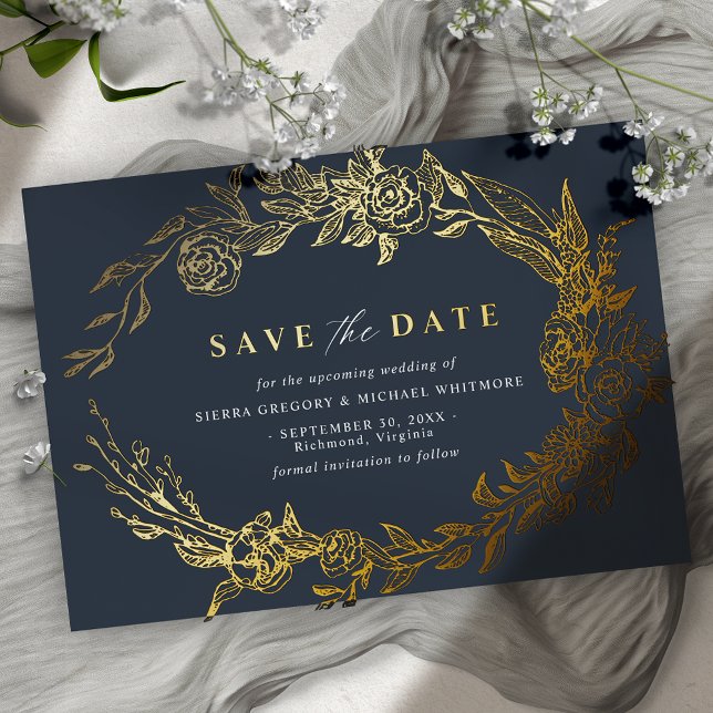 Navy Blue and Gold | Elegant Floral Save the Date Foil Invitation (Creator Uploaded)