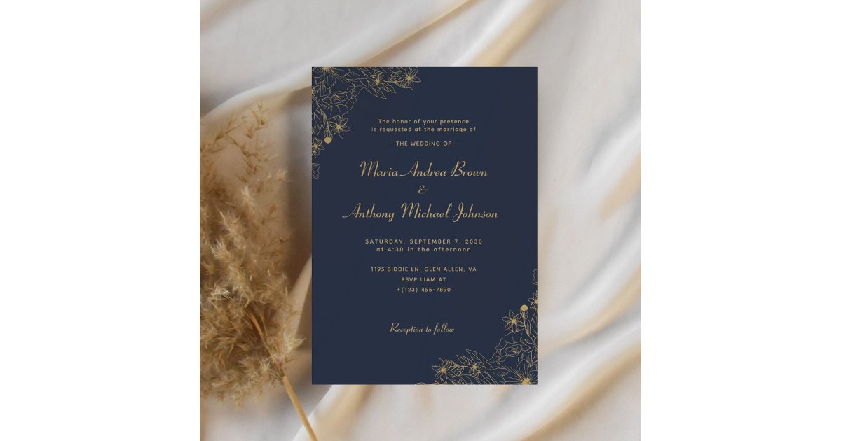 Navy Blue and Gold Elegant Floral Wedding Invitation | Zazzle