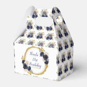 Navy Blue and Gold Elegant Flowers Birthday Favor Boxes
