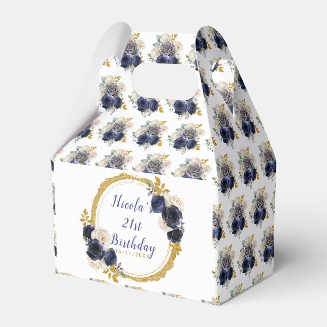 Navy Blue and Gold Elegant Flowers Birthday Favor Boxes (Front Side)