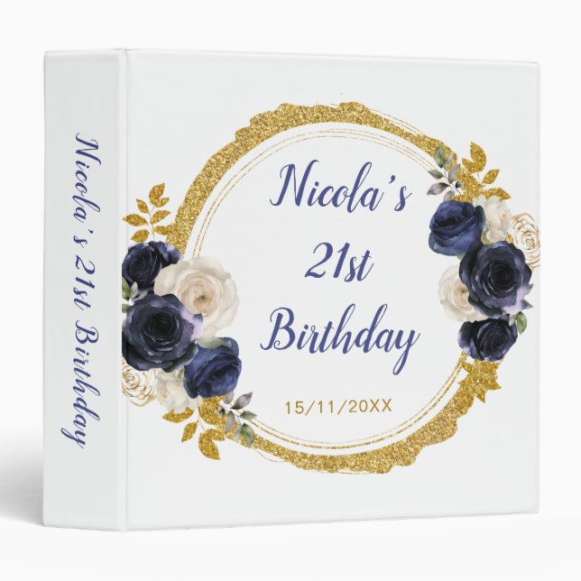 Navy Blue and Gold Elegant Flowers Birthday Photo 3 Ring Binder (Front/Spine)