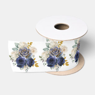 Navy Blue and Gold Elegant Flowers  Satin Ribbon