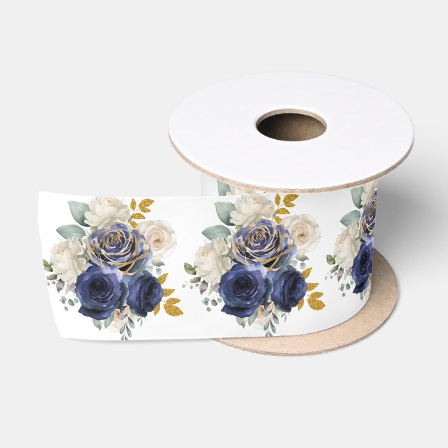 Navy Blue and Gold Elegant Flowers  Satin Ribbon (Spool)