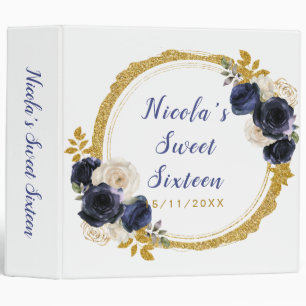 Navy Blue and Gold Elegant Flowers Sweet Sixteen 3 Ring Binder