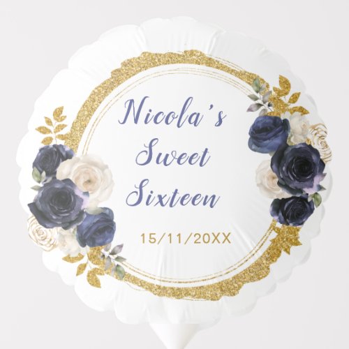 Navy Blue and Gold Elegant Flowers Sweet Sixteen Balloon