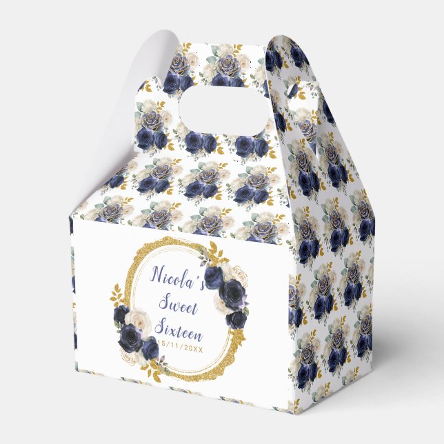 Navy Blue and Gold Elegant Flowers Sweet Sixteen Favor Boxes (Front Side)