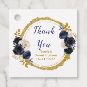 Navy Blue and Gold Elegant Flowers Sweet Sixteen Favor Tags