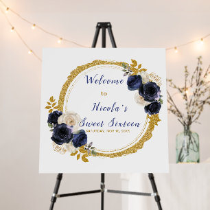 Navy Blue and Gold Elegant Flowers Sweet Sixteen Foam Board