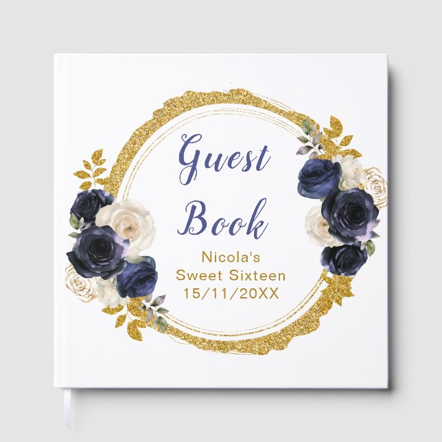 Navy Blue and Gold Elegant Flowers Sweet Sixteen Guest Book (Front)