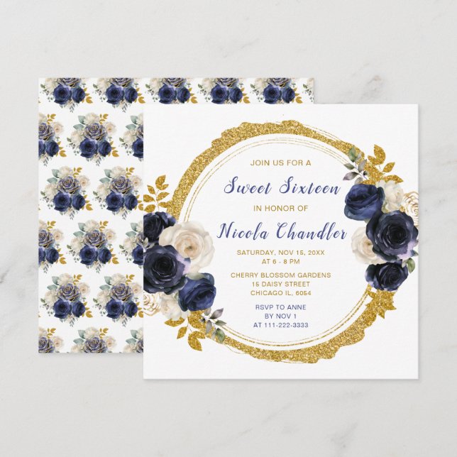 Navy Blue and Gold Elegant Flowers Sweet Sixteen Invitation (Front/Back)