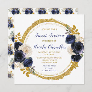 Navy Blue and Gold Elegant Flowers Sweet Sixteen Invitation