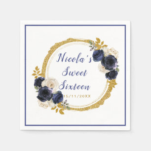 Navy Blue and Gold Elegant Flowers Sweet Sixteen Napkins