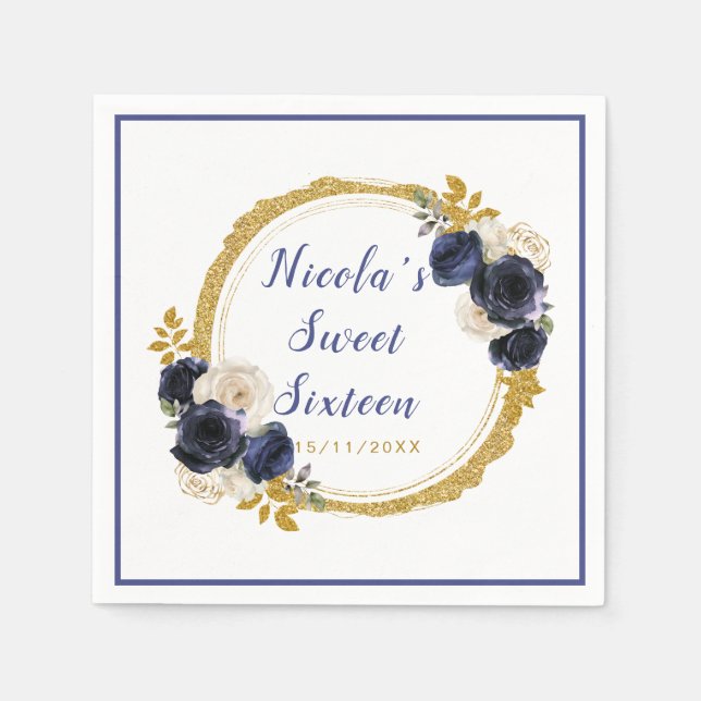 Navy Blue and Gold Elegant Flowers Sweet Sixteen Napkins (Front)