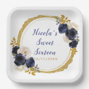 Navy Blue and Gold Elegant Flowers Sweet Sixteen Paper Plates