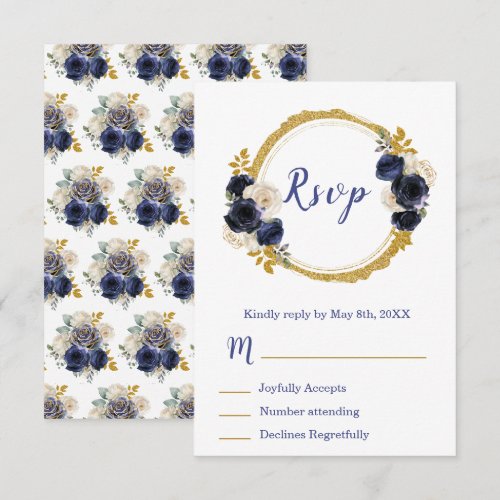 Navy Blue and Gold Elegant Flowers Sweet Sixteen RSVP Card