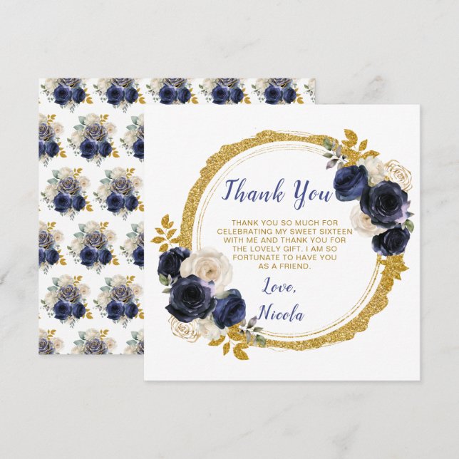 Navy Blue and Gold Elegant Flowers Sweet Sixteen Thank You Card (Front/Back)