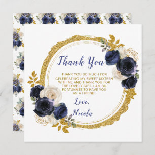 Navy Blue and Gold Elegant Flowers Sweet Sixteen Thank You Card