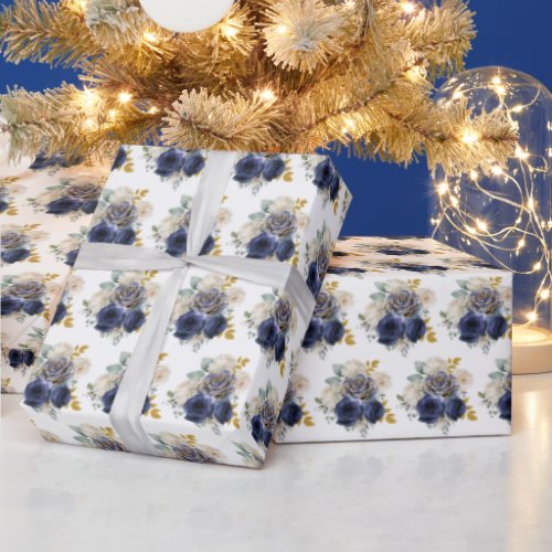 Navy Blue and Gold Elegant Flowers  Wrapping Paper