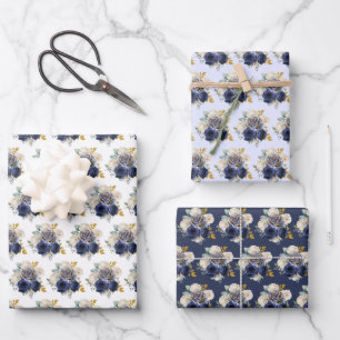 Navy Blue and Gold Elegant Flowers  Wrapping Paper Sheets