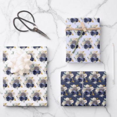 Navy Blue and Gold Elegant Flowers  Wrapping Paper Sheets