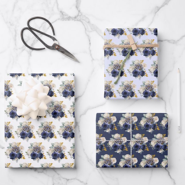Navy Blue and Gold Elegant Flowers  Wrapping Paper Sheets (Front)