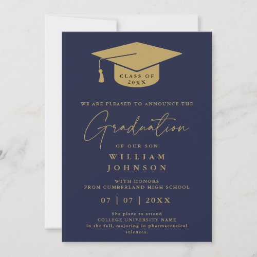 Navy Blue And Gold Elegant Graduation Announcement