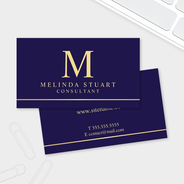 Navy Blue and Gold Elegant Monogram Business Card (Creator Uploaded)