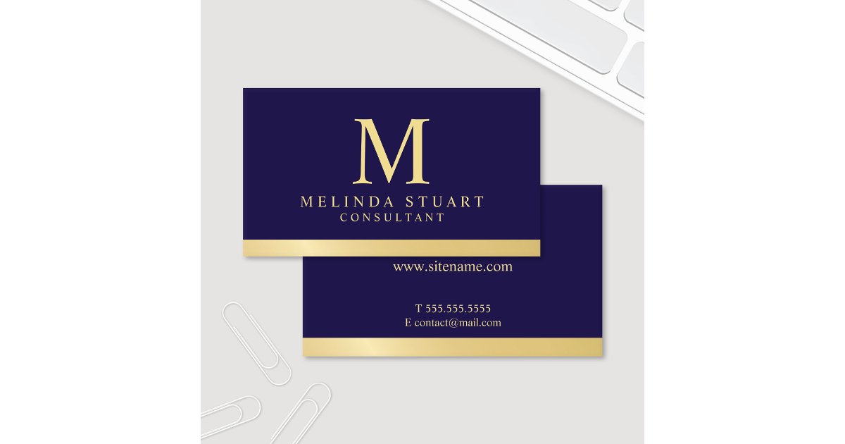 Navy Blue and Gold Elegant Monogram Business Card | Zazzle