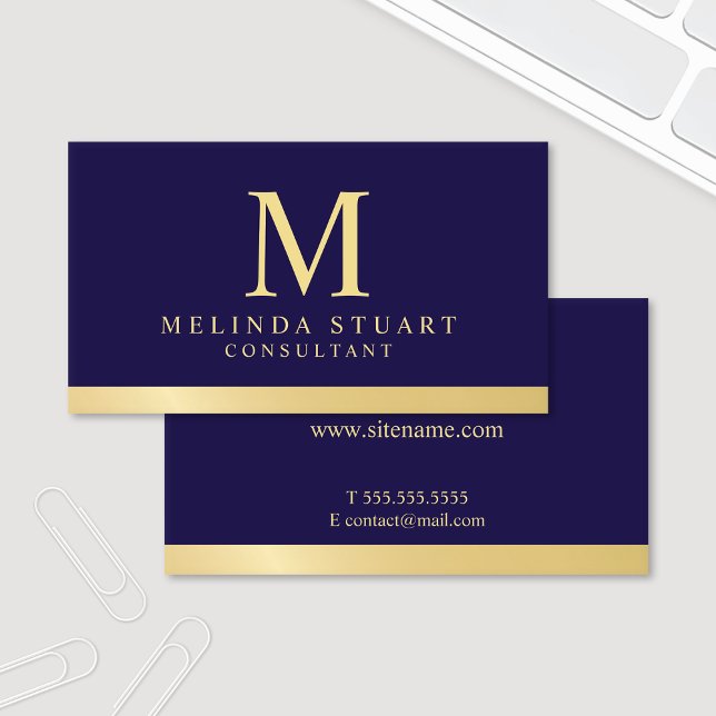 Navy Blue and Gold Elegant Monogram Business Card (Creator Uploaded)