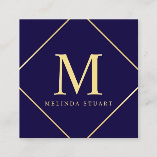 Navy Blue and Gold Elegant Monogram Square Business Card