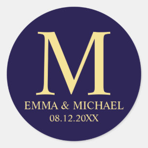 Navy Blue and Gold Elegant Monogram Wedding Favor Classic Round Sticker