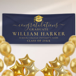 Navy Blue And Gold Elegant Script Graduation Banner