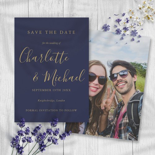 Navy Blue And Gold Elegant Signature Script Photo Save The Date