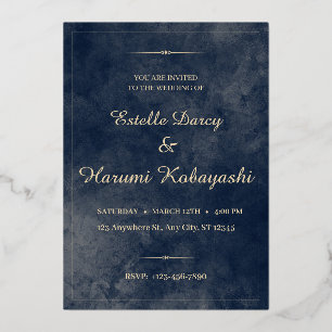 Navy Blue and Gold Elegant, Watercolor Background Foil Invitation