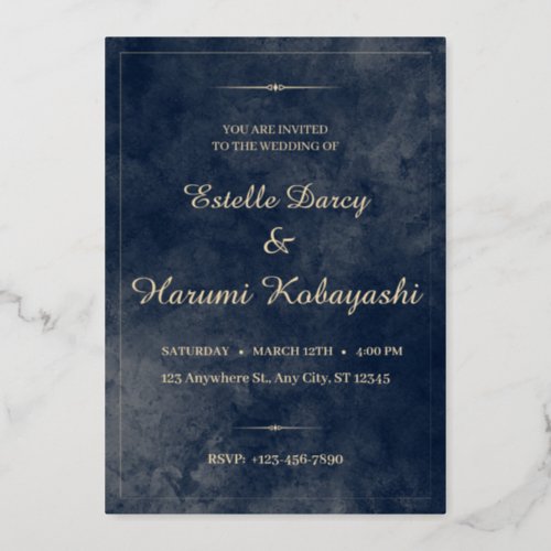 Navy Blue and Gold Elegant Watercolor Background Foil Invitation