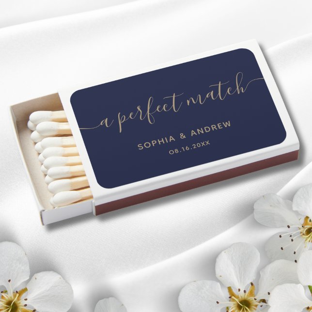 Navy Blue and Gold Elegant Wedding Favors Matchboxes (Navy Blue Gold Wedding Matchbox Favors)