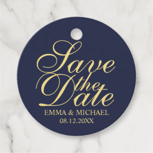 Navy Blue and Gold Elegant Wedding Save the Date Favor Tags